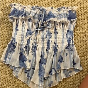 Urban Outfitters Blue and Cream Floral Ruffle Blouse